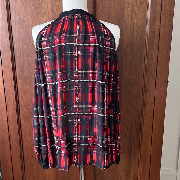 Nicole Miller Red and Black Plaid Cold Shoulder Blouse - Picture 5 of 10